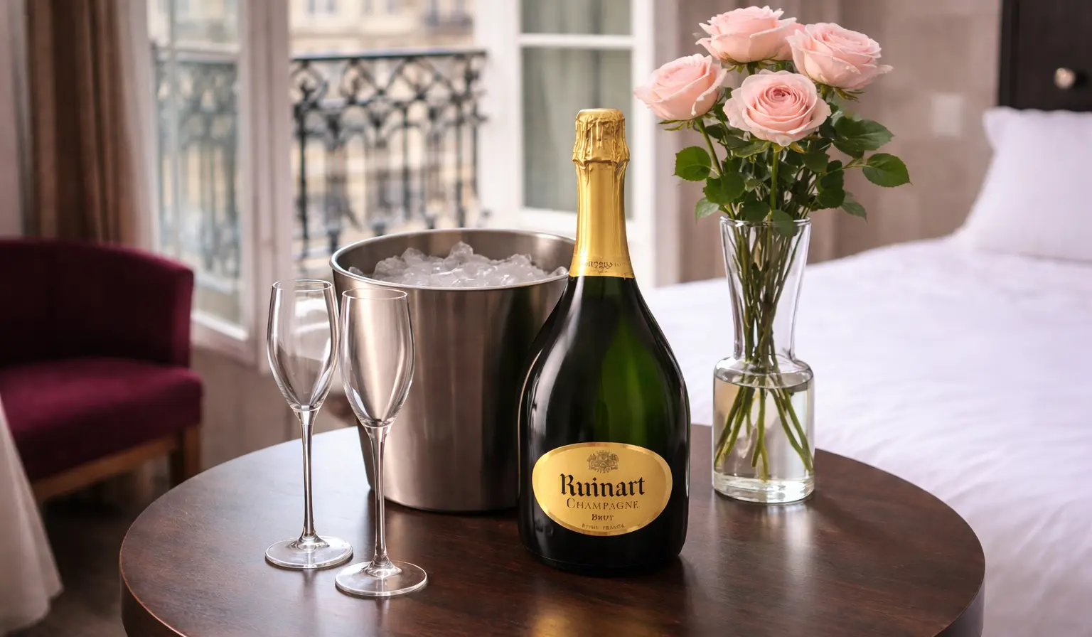 Bouteille de Champagne Ruinart et roses roses deposes en chambre a l'Hotel Aero Paris